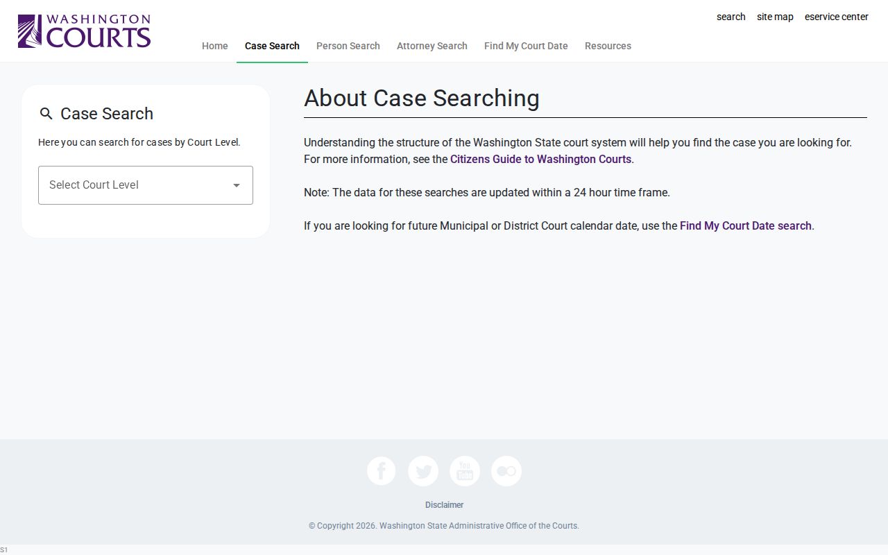 Washington Courts Data Search screen for a Tumwater resident lookup